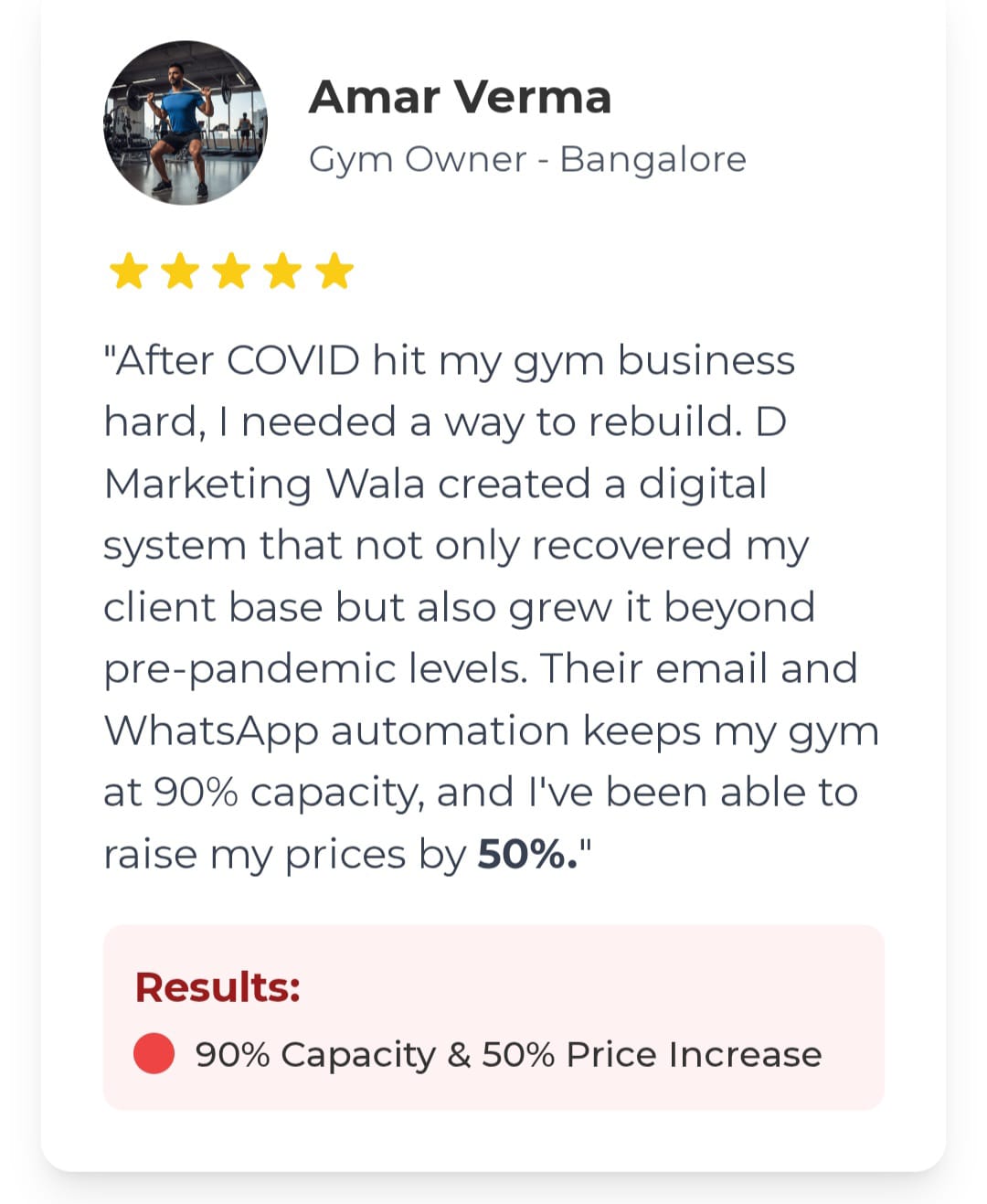 Client feedback screenshot from Amar Verma, gym owner in Bangalore