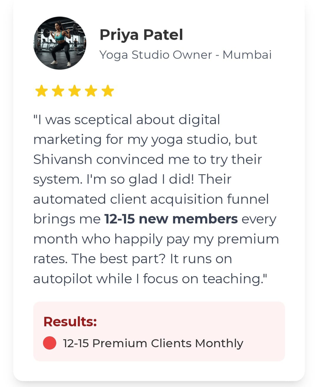 Client feedback screenshot from Priya Patel, yoga studio owner in Mumbai