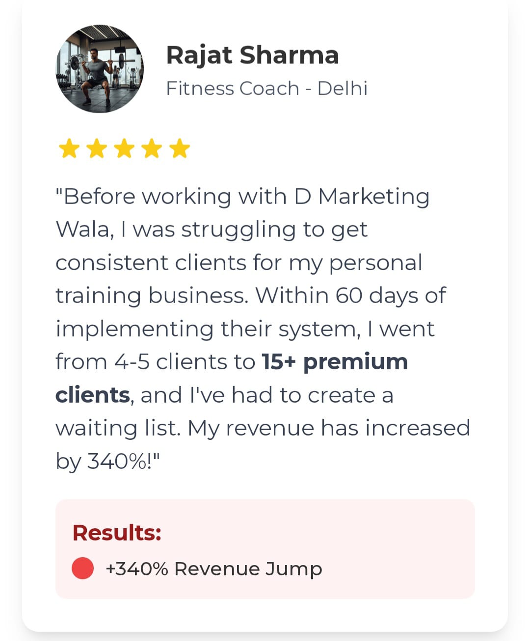 Client feedback screenshot from Rajat Sharma, fitness coach in Delhi